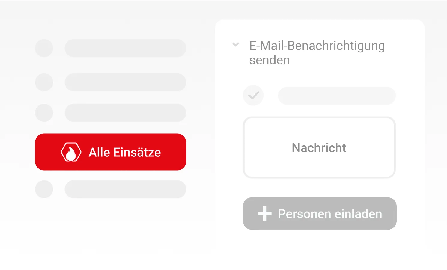 Benutzeroberfläche des Bereichs Alle Einsätze mit E-Mail-Benachrichtigungsoption, Texteingabefeld für Nachricht und Schaltfläche Personen einladen.