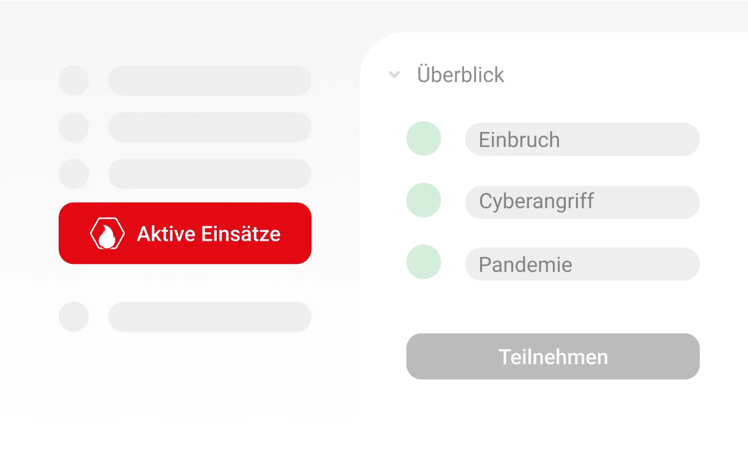 Benutzeroberfläche des Bereichs Aktive Einsätze mit Übersicht über laufende Szenarien: Einbruch, Cyberangriff und Pandemie, jeweils mit grünem Statuspunkt. Darunter Schaltfläche Teilnehmen.