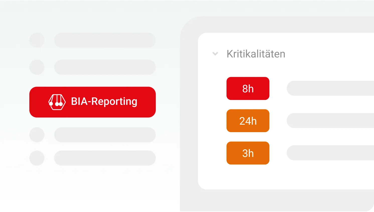 BIA-Reporting-Ansicht mit farbigen Schaltflächen für Kritikalitäten von 8 Stunden, 24 Stunden und 3 Stunden.