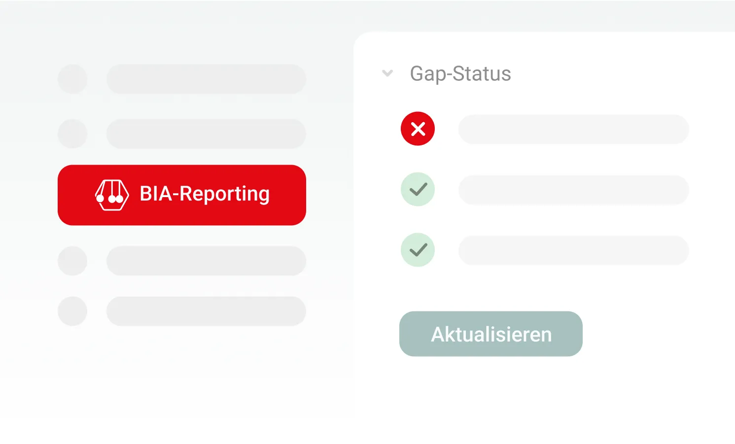Benutzeroberfläche des Bereichs BIA-Reporting mit Gap-Status-Liste, roten und grünen Statussymbolen sowie Schaltfläche Aktualisieren.
