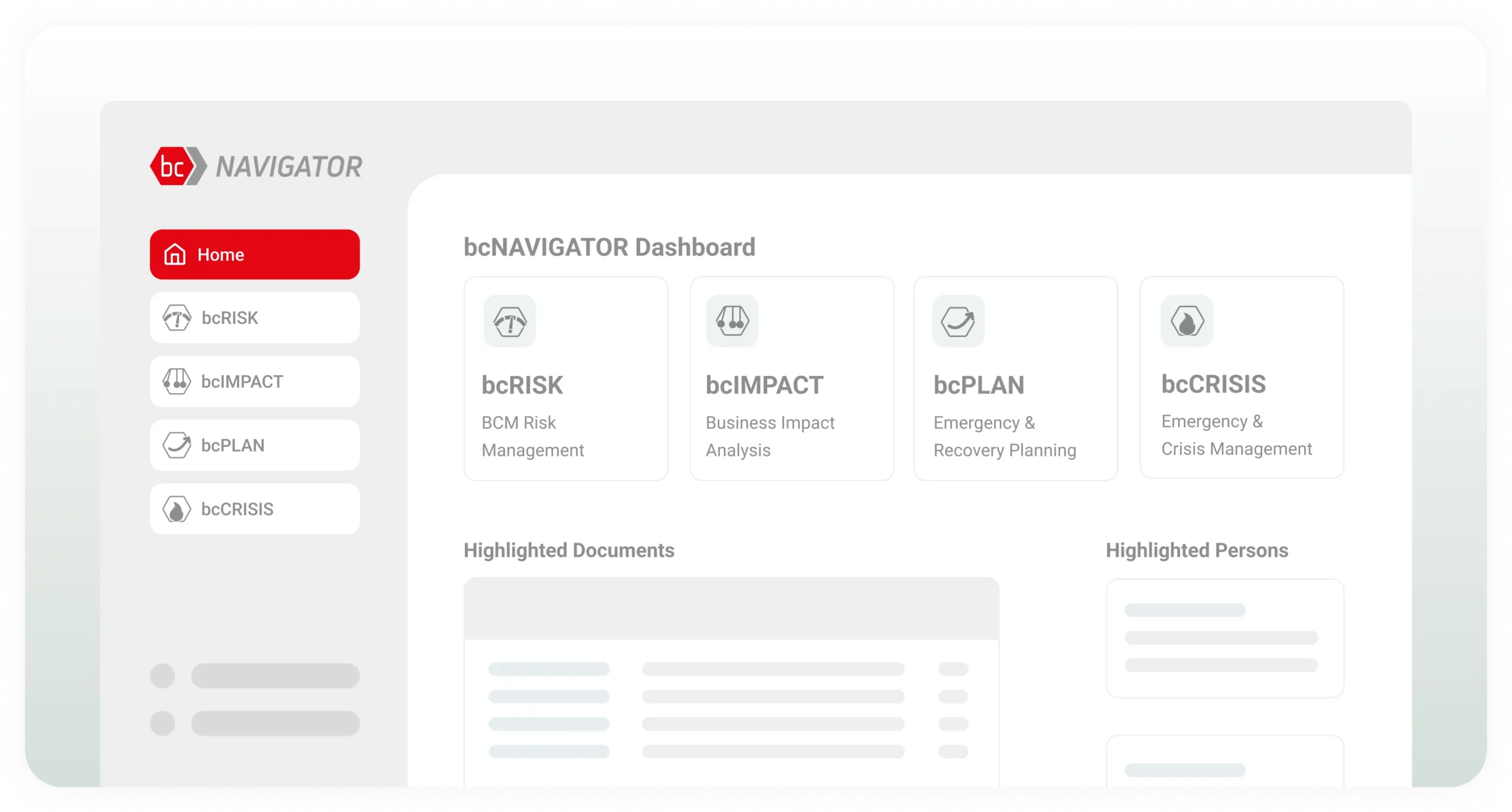 Start page of the bcNAVIGATOR dashboard with selection of the modules bcRISK, bcIMPACT, bcPLAN and bcCRISIS as well as an area for highlighted documents and people.