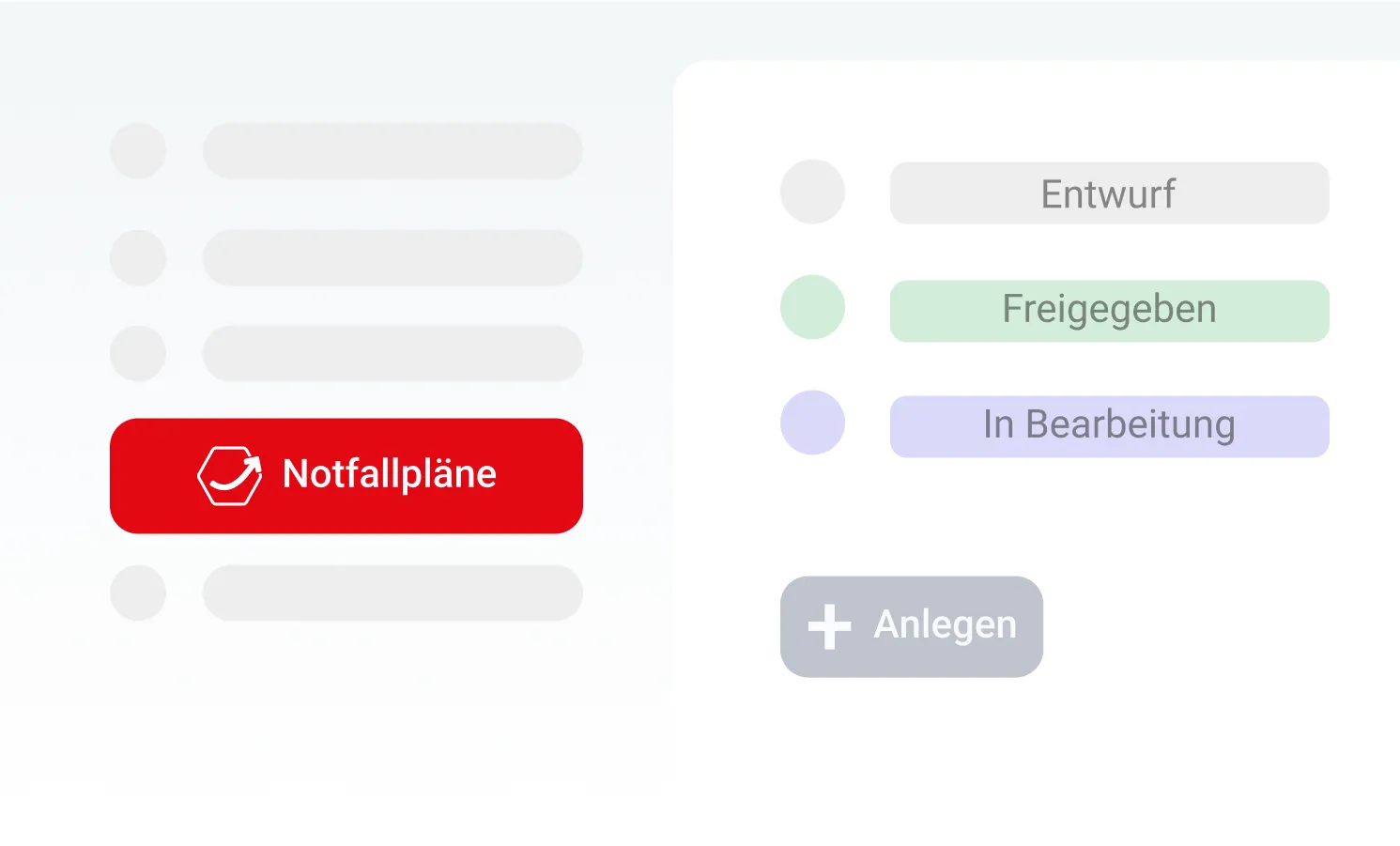 Benutzeroberfläche zur Verwaltung von Notfallplänen mit farblichen Statusanzeigen für Entwurf, Freigegeben und In Bearbeitung sowie Button zum Anlegen neuer Pläne.
