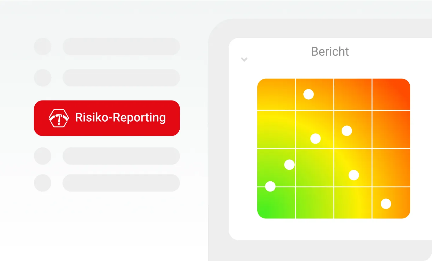 Benutzeroberfläche zur Risiko-Reporting-Funktion mit Risikomatrix in Ampelfarben (grün, gelb, orange, rot) und Risikopunkten in verschiedenen Risikozonen.