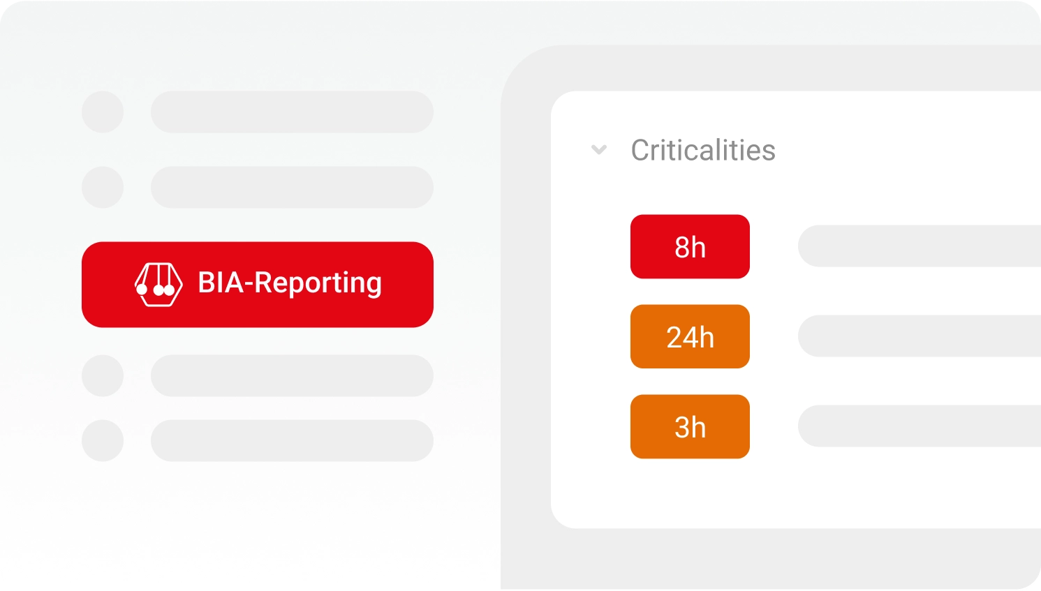 BIA reporting view with colored buttons for criticalities of 8 hours, 24 hours and 3 hours.