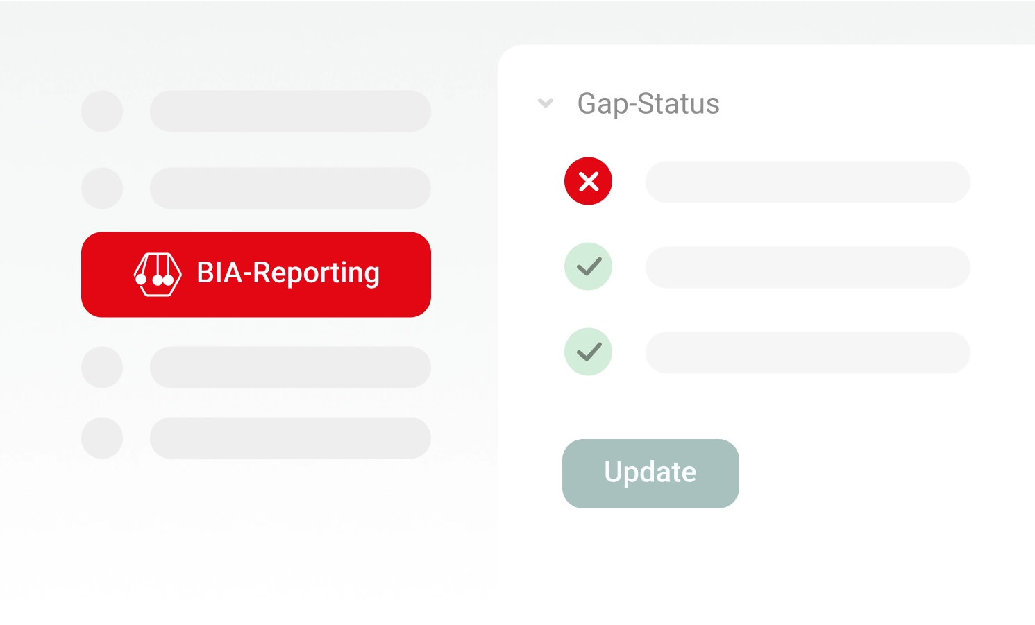User interface of the BIA Reporting area with gap status list, red and green status icons, and Update button.