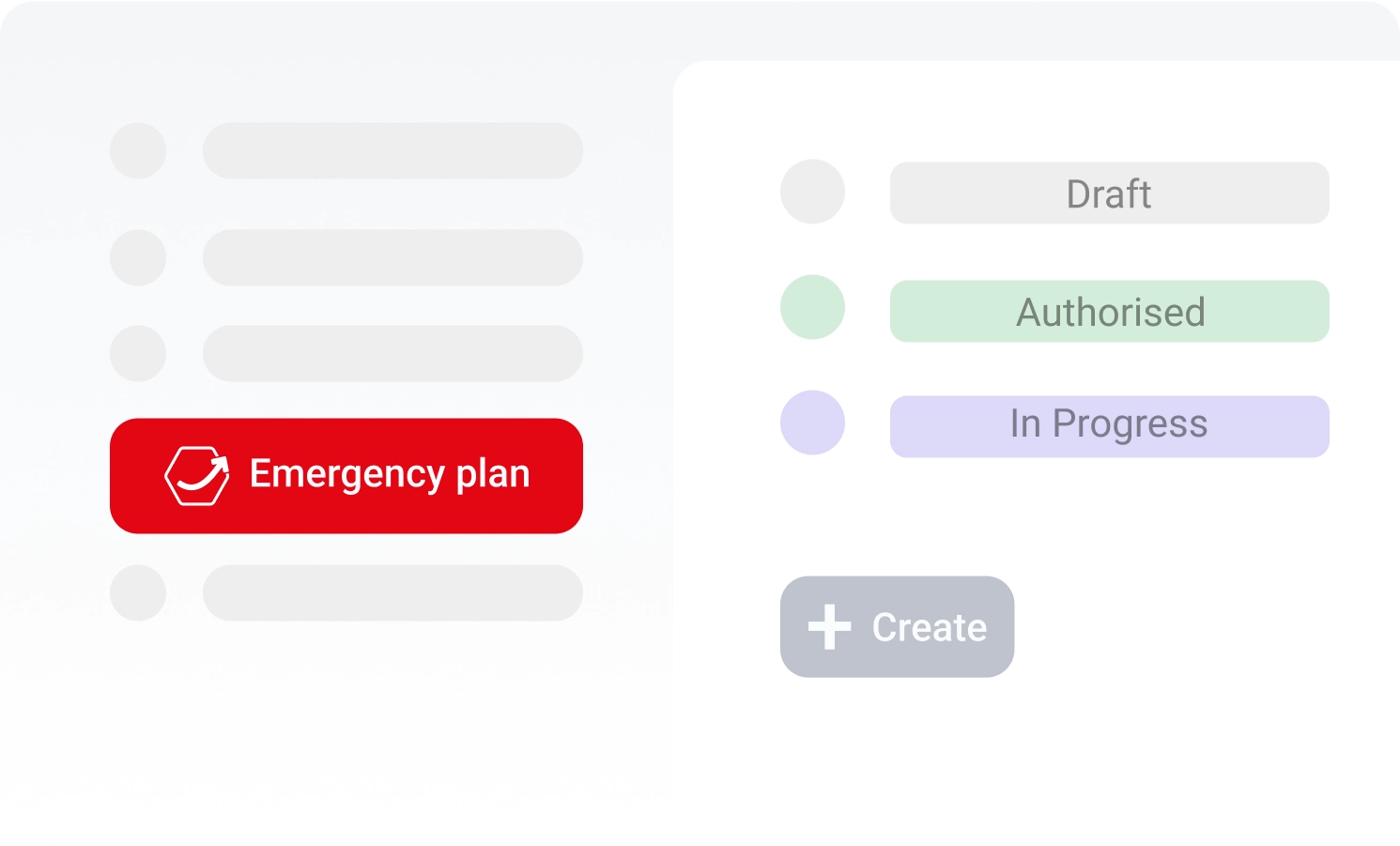 User interface for managing emergency plans with colored status indicators for draft, approved and in progress as well as button for creating new plans.