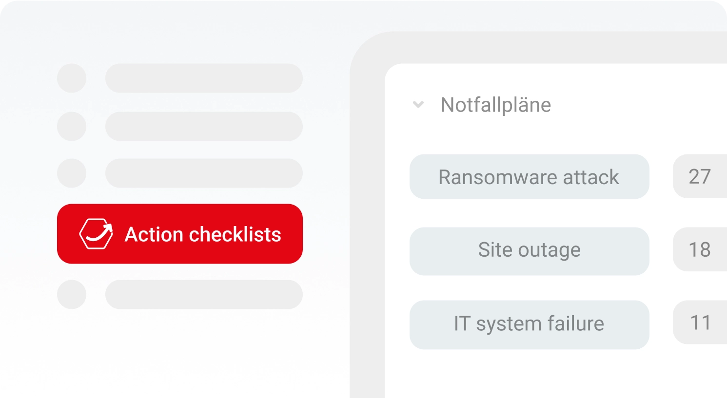 User interface for managing action checklists with contingency plans for ransomware attack, site outage, and IT system failure, including the number of associated tasks.