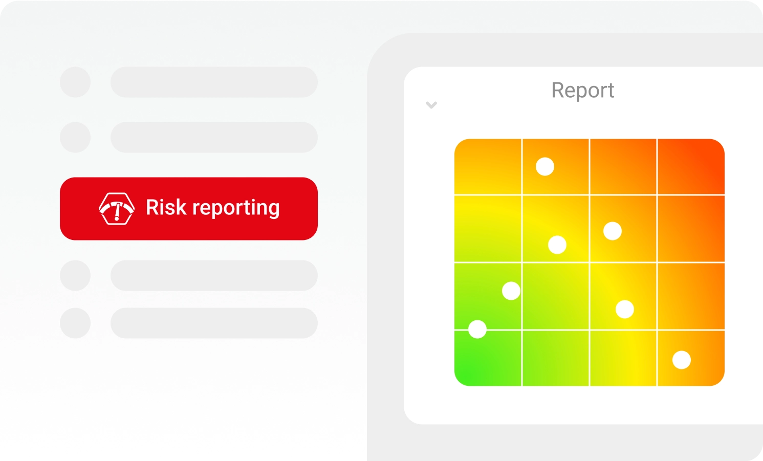 User interface for the risk reporting function with risk matrix in traffic light colors (green, yellow, orange, red) and risk points in different risk zones.